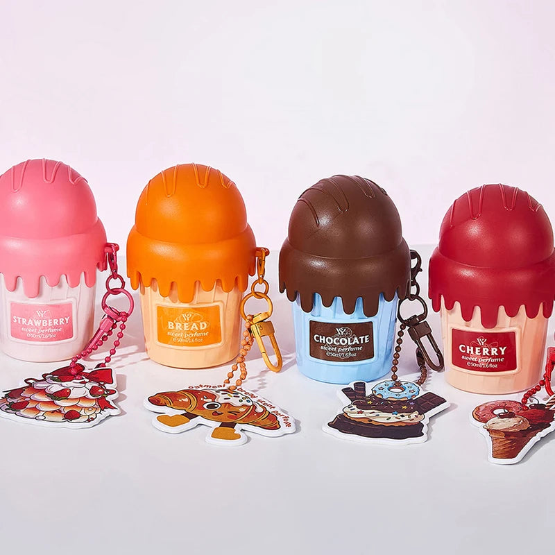 Parfum corporel en spray à suspendre, 50 ml, en forme de glace, senteurs cerise, croissant, fraise et chocolat.
