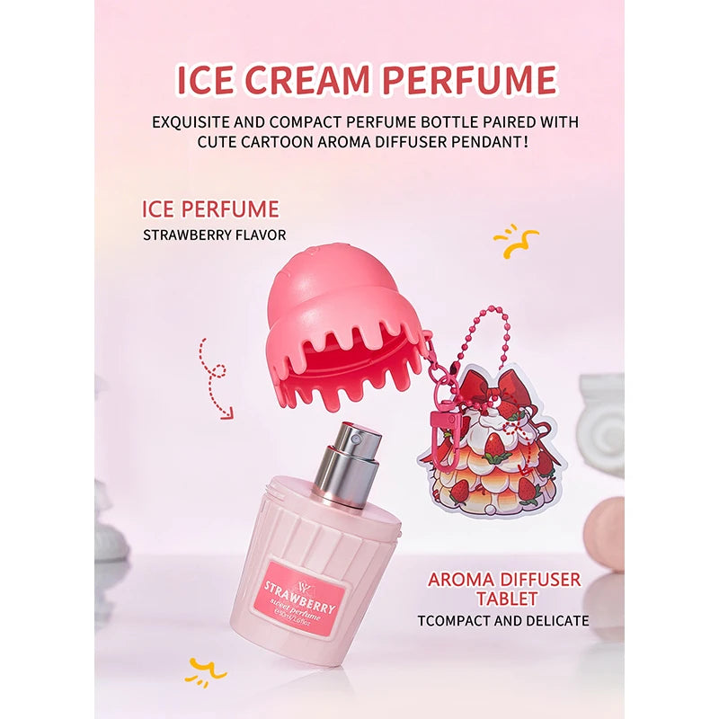 Parfum corporel en spray à suspendre, 50 ml, en forme de glace, senteurs cerise, croissant, fraise et chocolat.